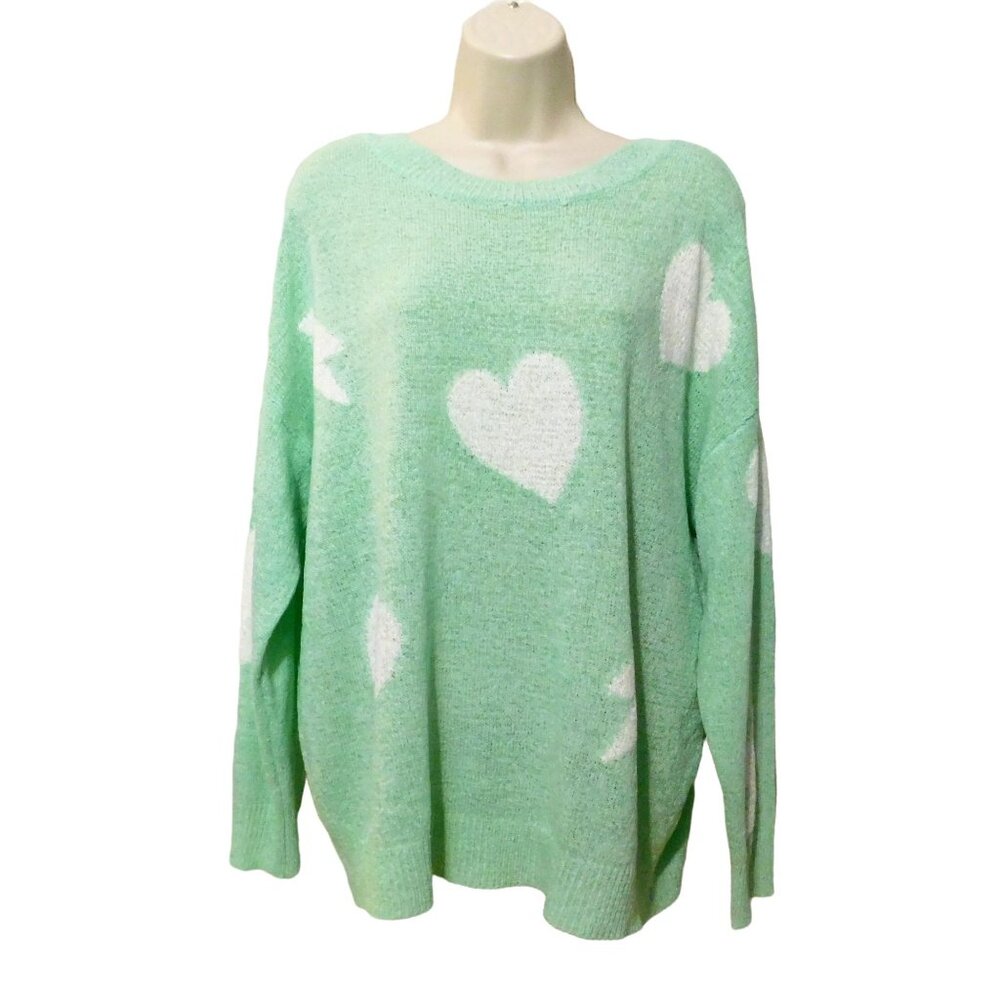 Main Strip Sweater Top M Green Lightweight Hearts Pattern 3/4 Sleeve NEW